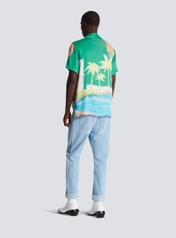 Shortsleeved Twill Shirt With Palm Tree Print Multicolor Men Balmain Shirts And Polos