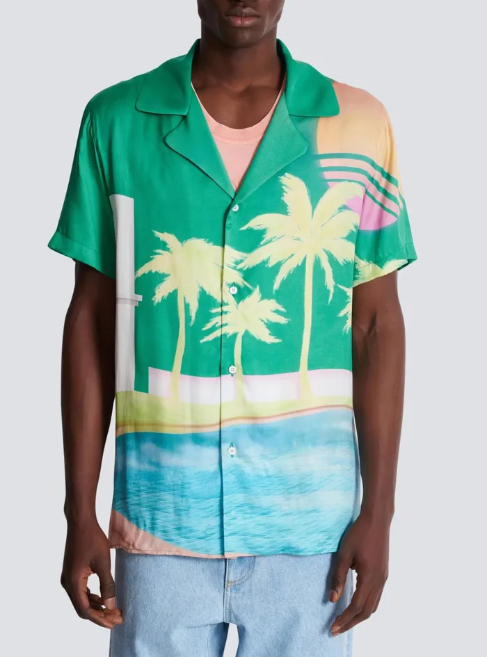 Shortsleeved Twill Shirt With Palm Tree Print Multicolor Men Balmain Shirts And Polos