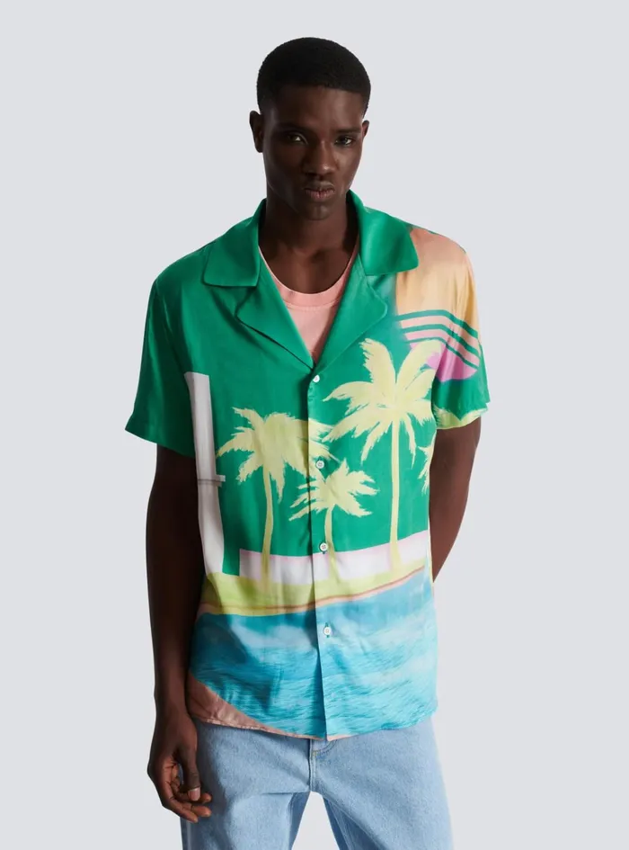 Shortsleeved Twill Shirt With Palm Tree Print Multicolor Men Balmain Shirts And Polos