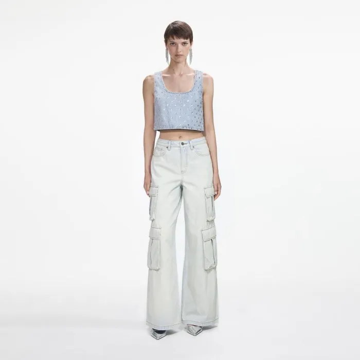 Square Rhinestone Denim Top Women Self Portrait Tops