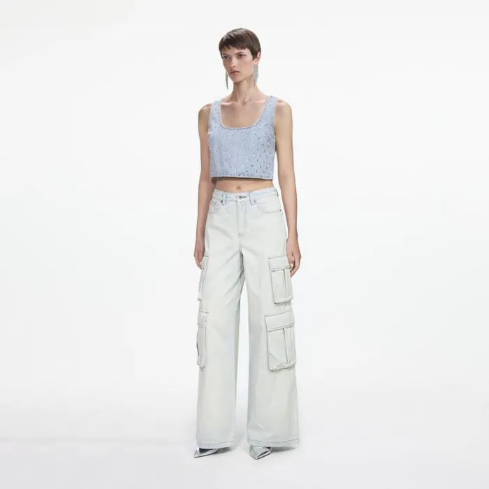 Square Rhinestone Denim Top Women Self Portrait Tops Square Rhinestone Denim Top Women Self Portrait Tops