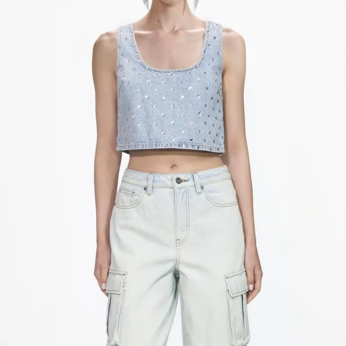 Square Rhinestone Denim Top Women Self Portrait Tops Square Rhinestone Denim Top Women Self Portrait Tops
