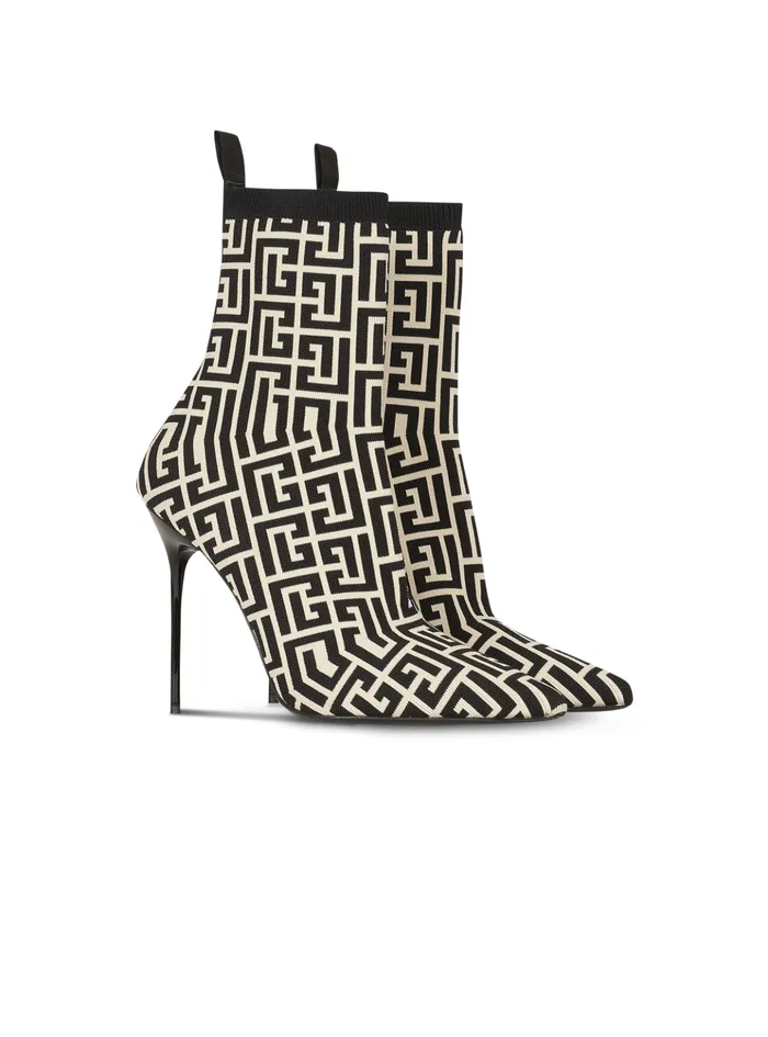 Stretch Knit Skye Ankle Boots With Monogram Black Women Balmain Boots