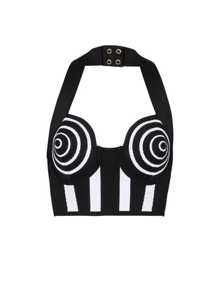 Striped Knit Halterneck Top Black Women Balmain Tops And Shirts