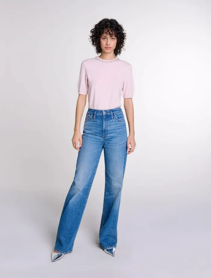 Sweaters and Cardigans Women Maje Knit Crop Jumper With Rhinestones Pink