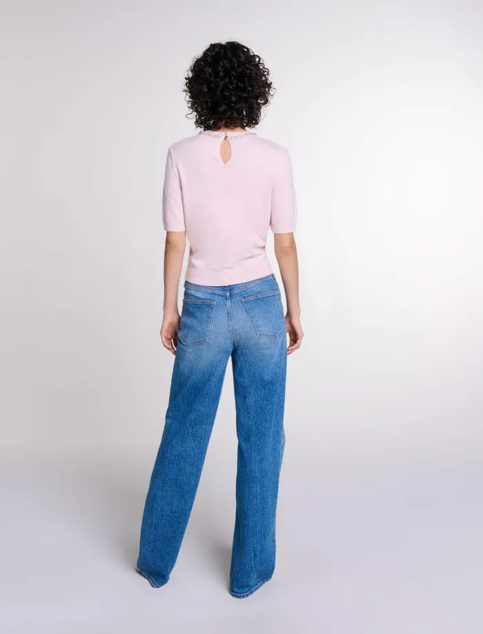 Sweaters and Cardigans Women Maje Knit Crop Jumper With Rhinestones Pink