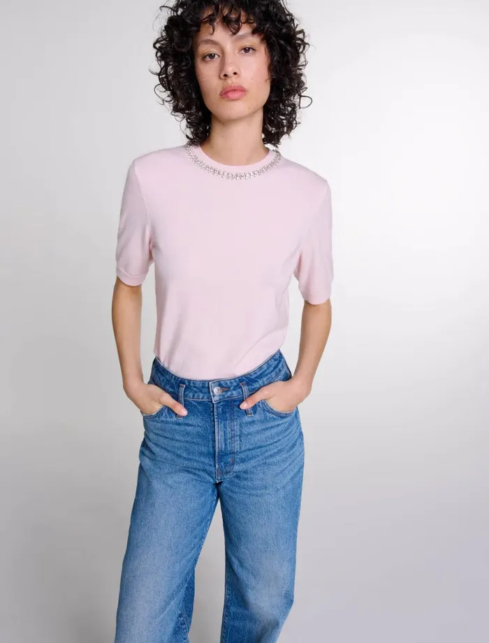 Sweaters and Cardigans Women Maje Knit Crop Jumper With Rhinestones Pink