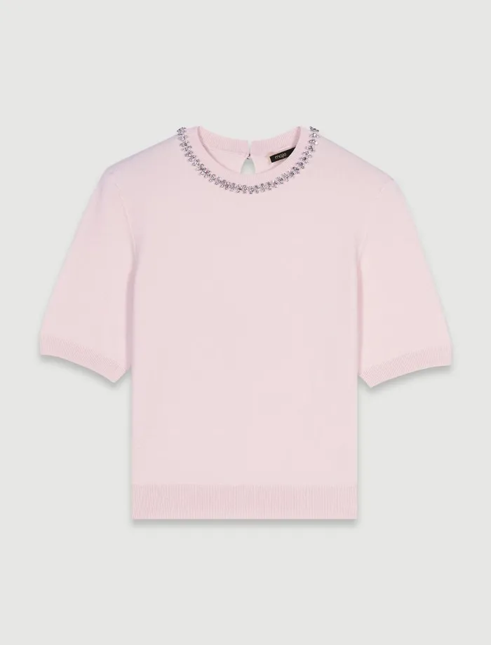 Sweaters and Cardigans Women Maje Knit Crop Jumper With Rhinestones Pink