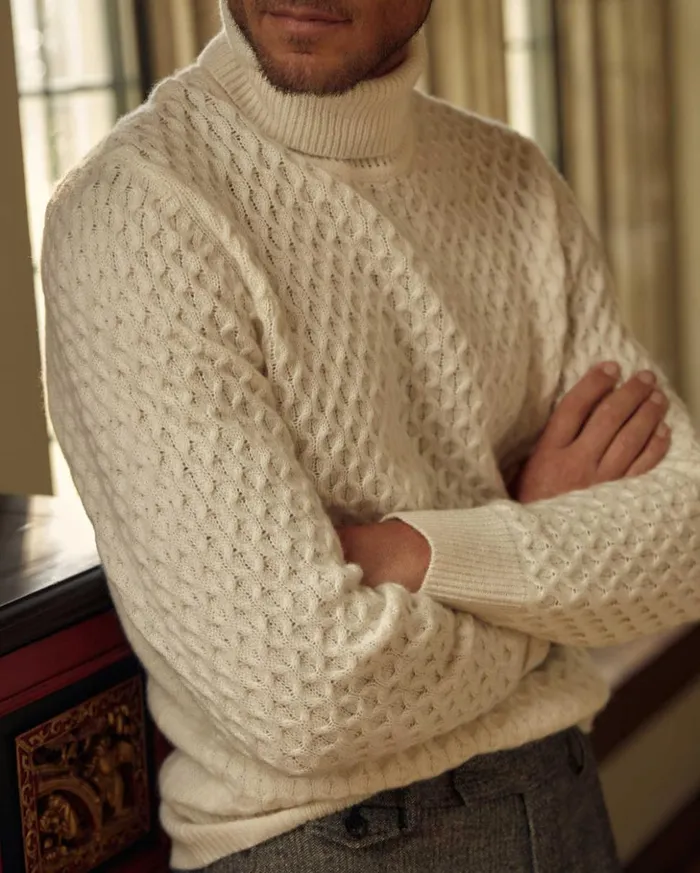 Sweaters and Sweatshirts Men Billy Reid Cashmere Honeycomb Turtleneck Natural