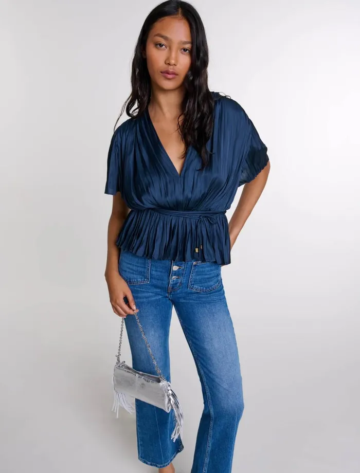 Tops and Shirts Women Maje Pleated ShortSleeved Top Navy