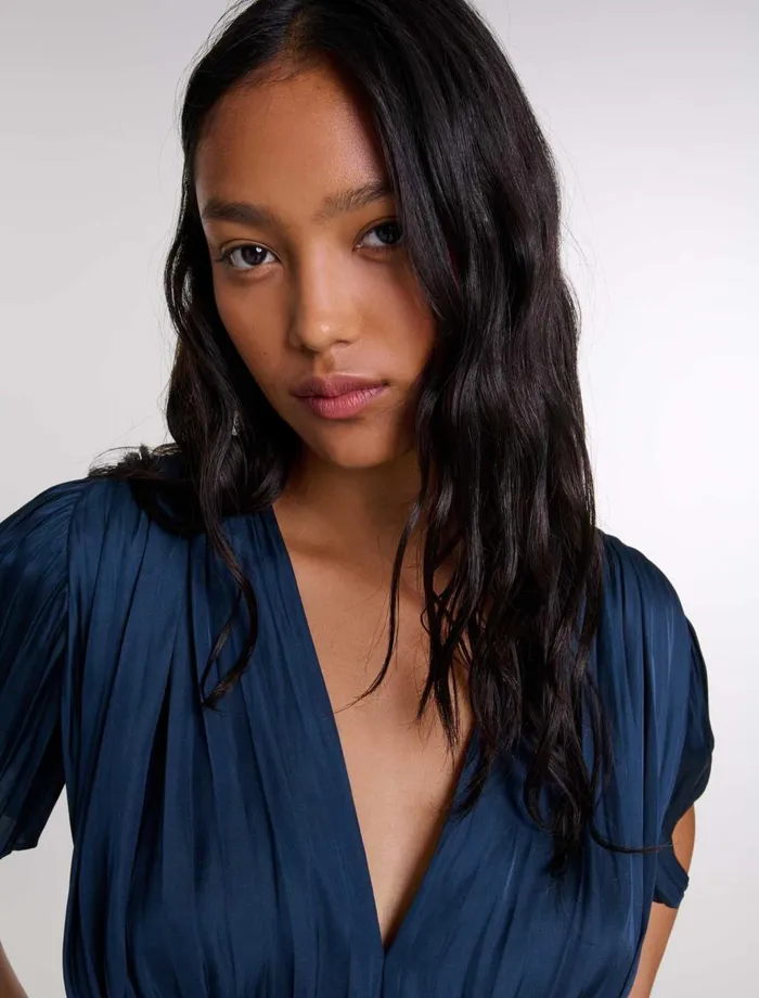 Tops and Shirts Women Maje Pleated ShortSleeved Top Navy
