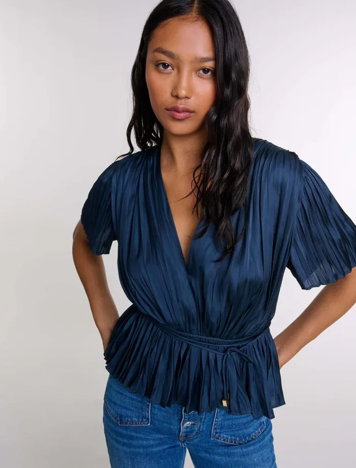 Tops and Shirts Women Maje Pleated ShortSleeved Top Navy