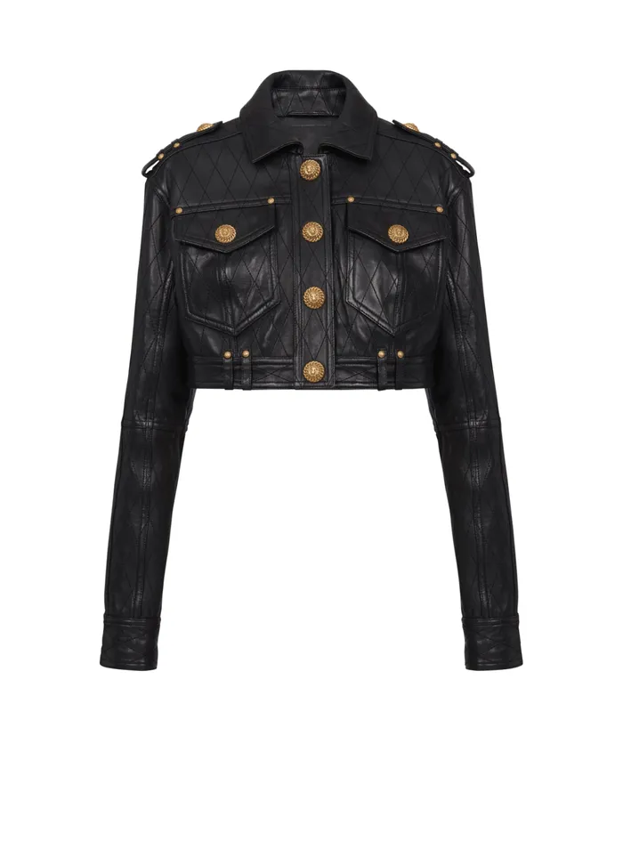 Topstitched Cropped Leather Jacket Black Women Balmain Outerwear