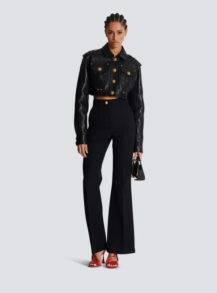 Topstitched Cropped Leather Jacket Black Women Balmain Outerwear