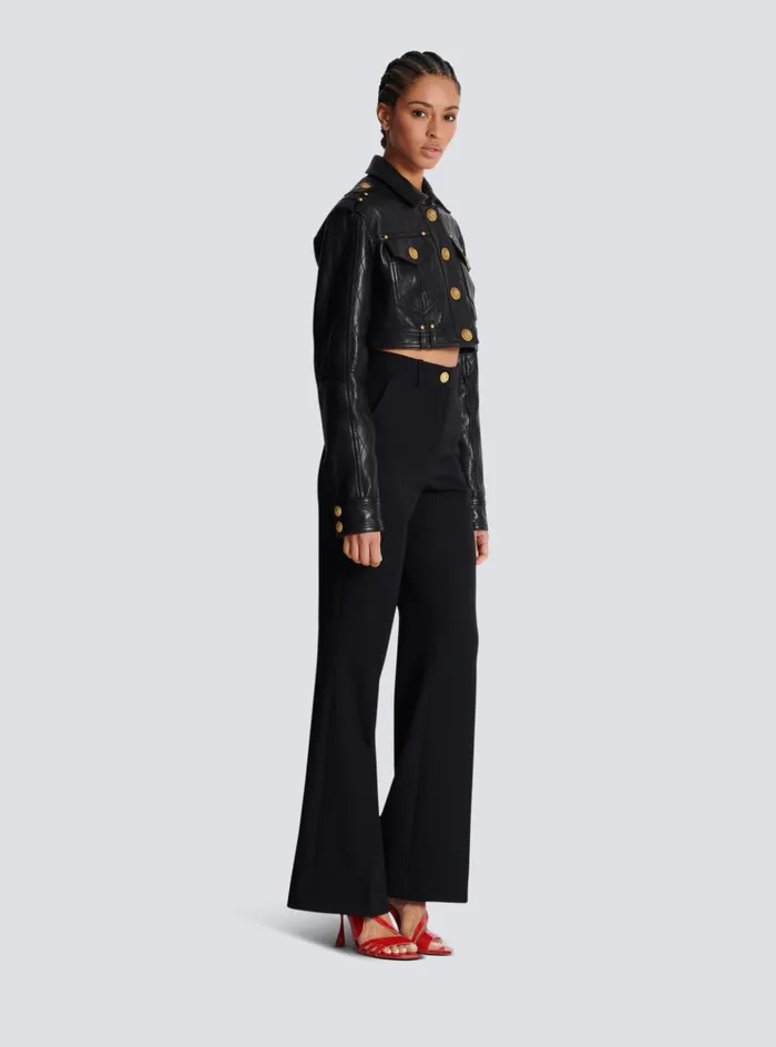 Topstitched Cropped Leather Jacket Black Women Balmain Outerwear