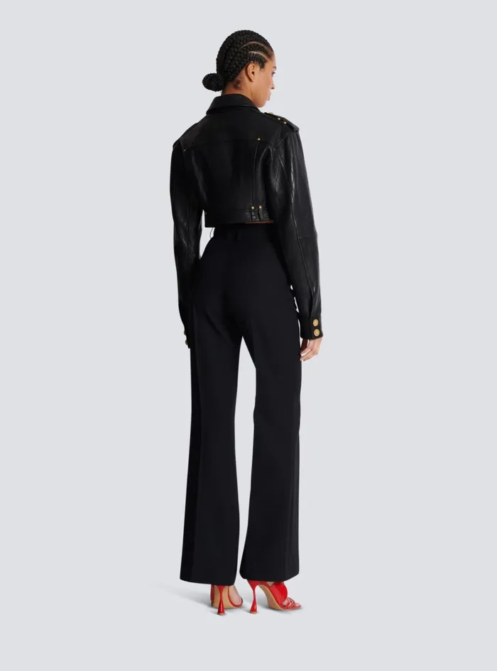 Topstitched Cropped Leather Jacket Black Women Balmain Outerwear