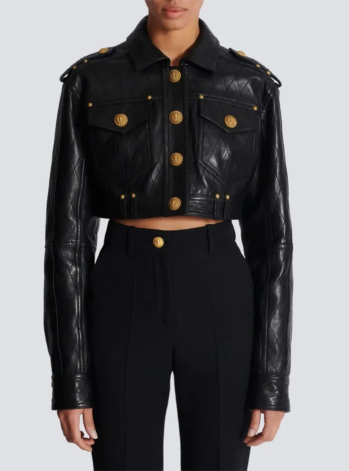 Topstitched Cropped Leather Jacket Black Women Balmain Outerwear