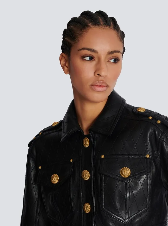 Topstitched Cropped Leather Jacket Black Women Balmain Outerwear