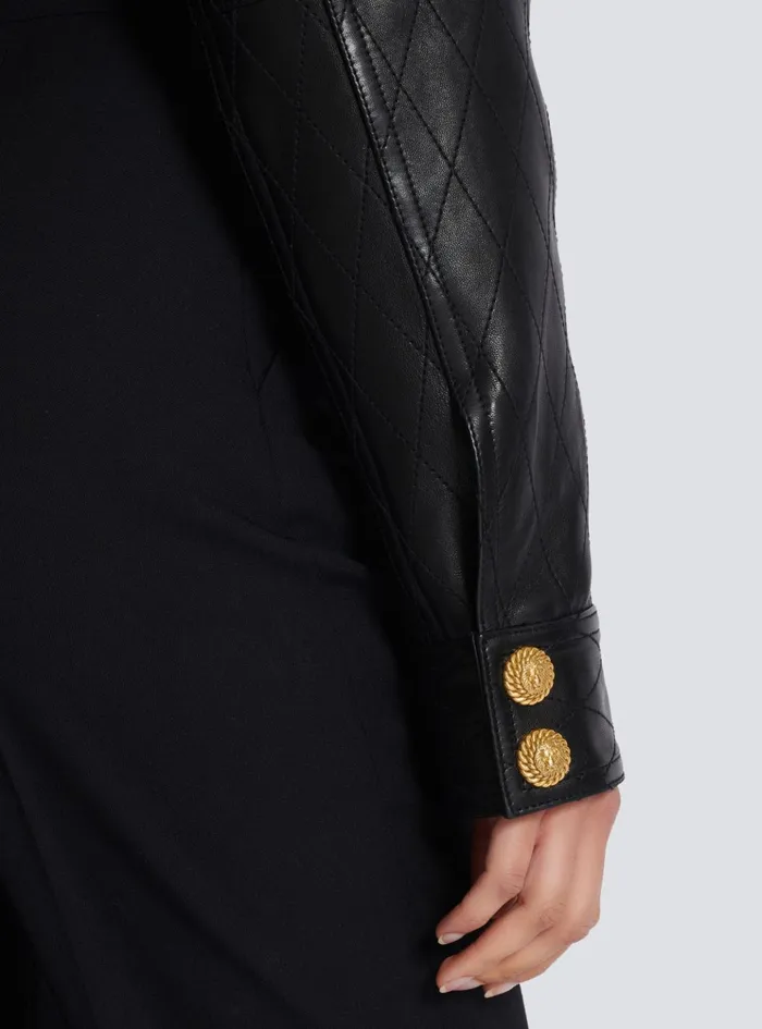 Topstitched Cropped Leather Jacket Black Women Balmain Outerwear