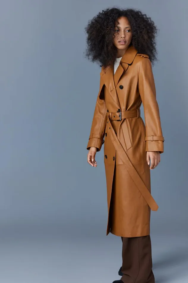 Trenches and Raincoats Women Mackage GAELZ Leather Trench Coat With Belt Cognac