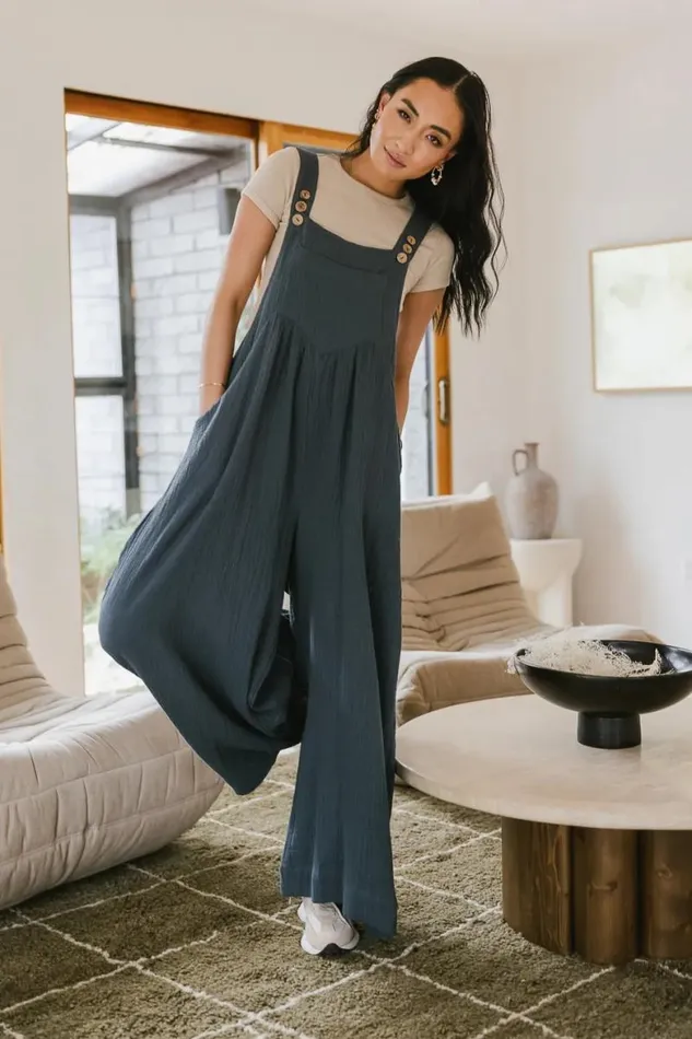 Tristin Wide Leg Jumpsuit In Slate Blue Slate Blue Women Bohme Jumpsuits and Overalls