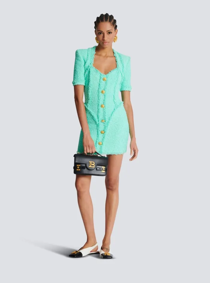 Tweed Dress With Buttons Blue Women Balmain Dresses
