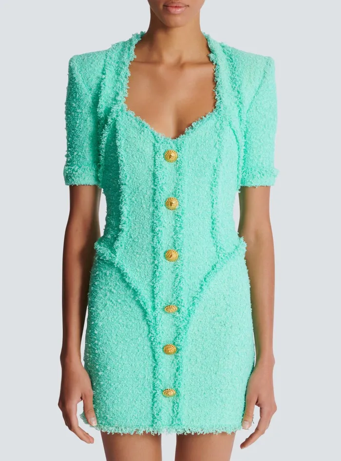 Tweed Dress With Buttons Blue Women Balmain Dresses