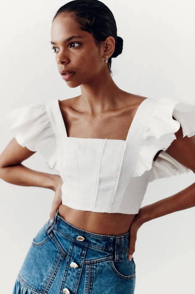 Vanades Frill Crop Top Ivory Women Aje Tops
