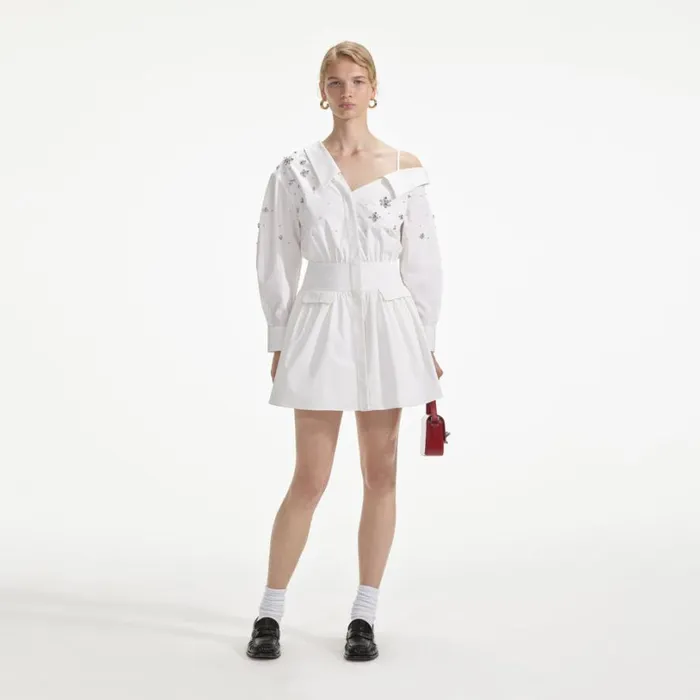 White Cotton Embellished Mini Dress Women Self Portrait Dresses