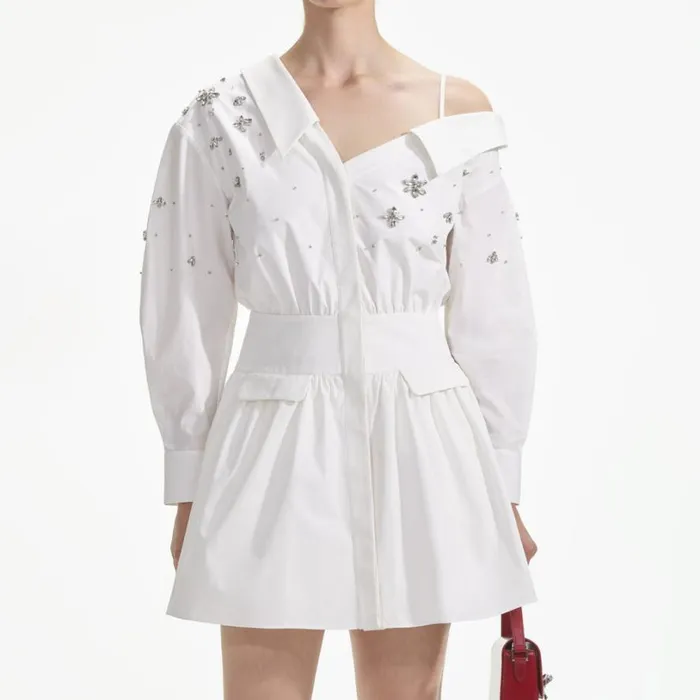 White Cotton Embellished Mini Dress Women Self Portrait Dresses