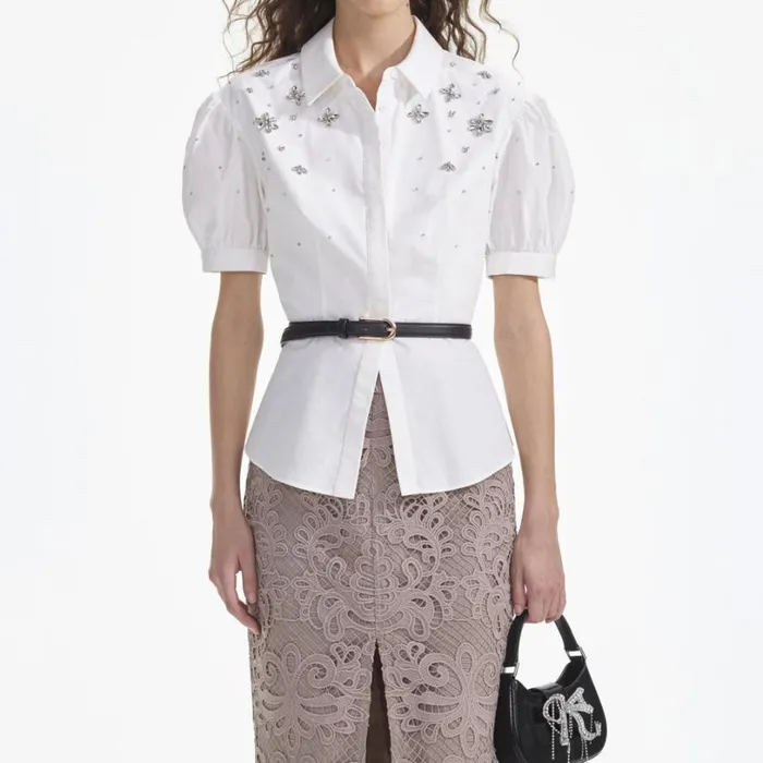 White Cotton Embellished Top Women Self Portrait Tops White Cotton Embellished Top Women Self Portrait Tops