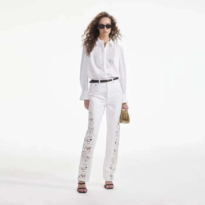 White Cutwork Denim Jeans Women Self Portrait Bottoms