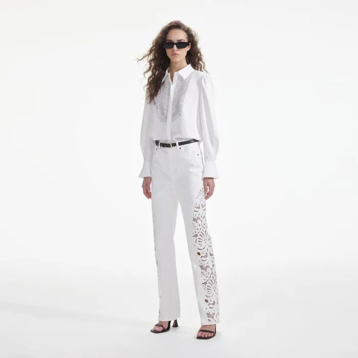 White Cutwork Denim Jeans Women Self Portrait Bottoms White Cutwork Denim Jeans Women Self Portrait Bottoms