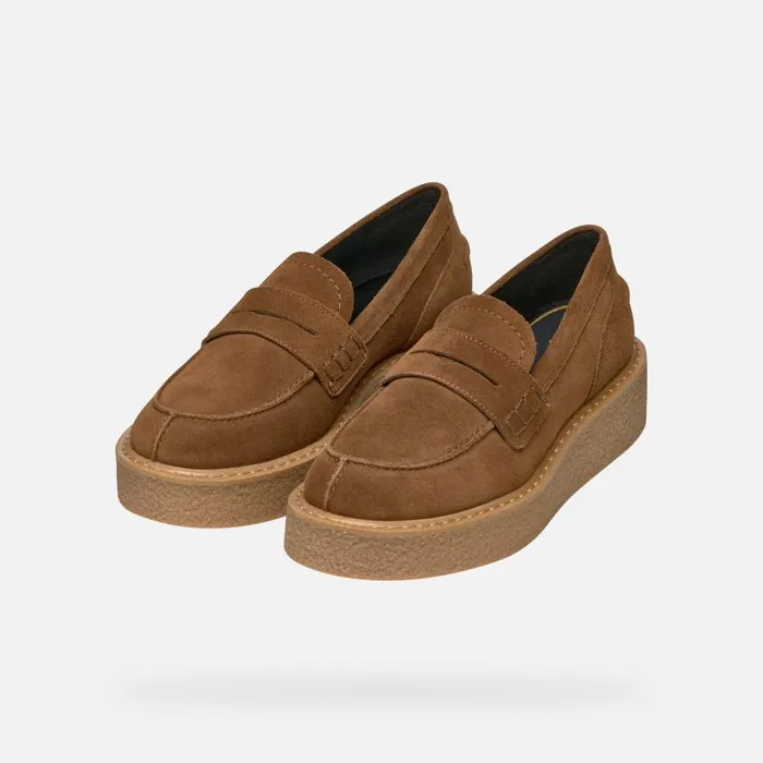 Woman Geox Loafers ELIDEA WOMAN Dark Camel Suede Loafers Dark Camel