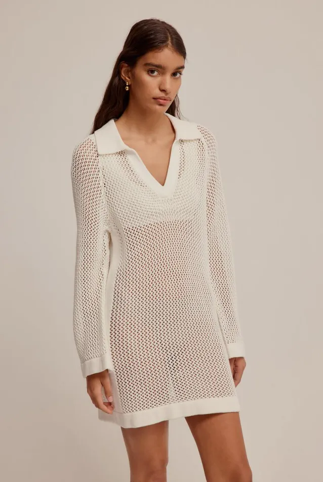 Woman Venroy Knitwear Crochet Border Kaftan Mini Dress