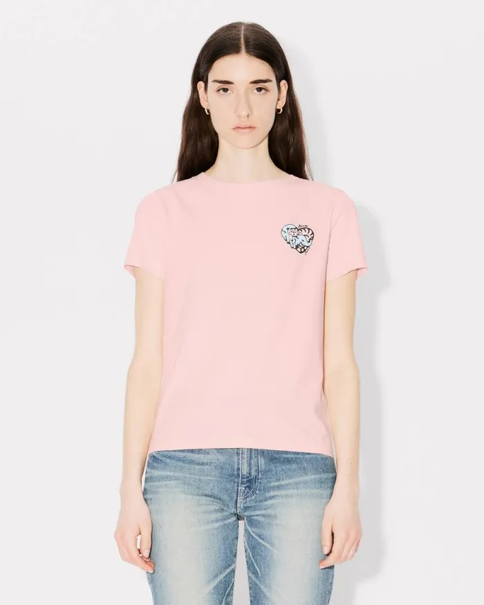 Women 039KENZO Jungle Heart039 Embroidered Tshirt In Cotton Faded Pink Kenzo Tshirts And Polos