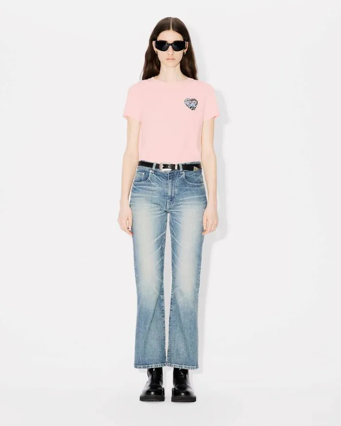 Women 039KENZO Jungle Heart039 Embroidered Tshirt In Cotton Faded Pink Kenzo Tshirts And Polos