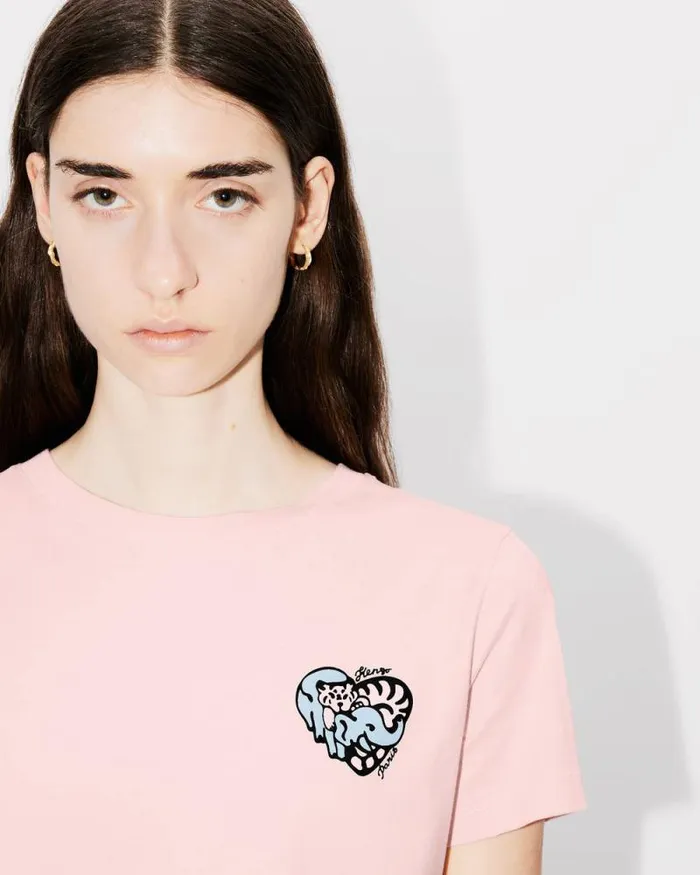 Women 039KENZO Jungle Heart039 Embroidered Tshirt In Cotton Faded Pink Kenzo Tshirts And Polos