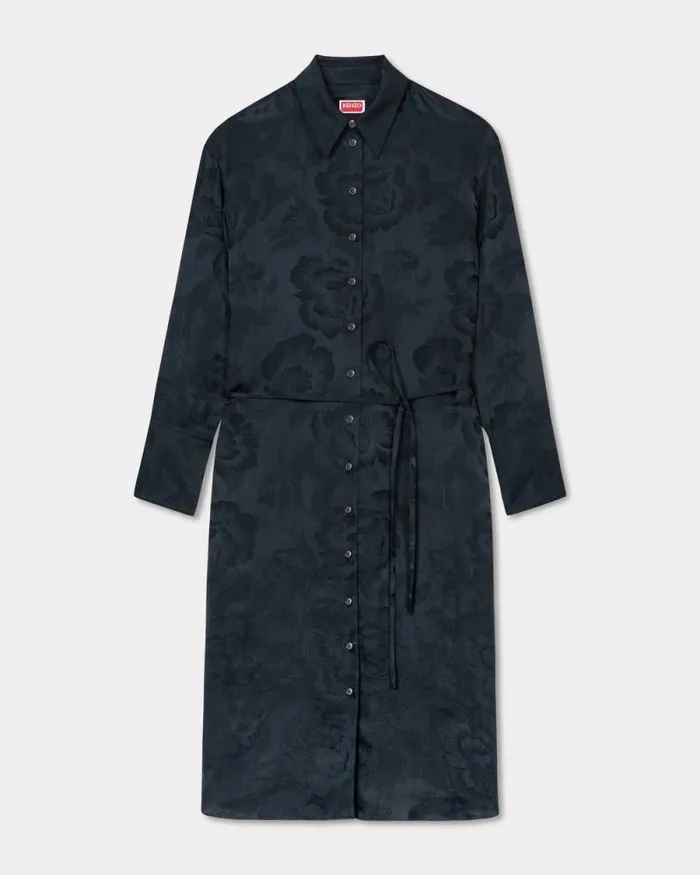 Women 039KENZO Peonies039 Midi Shirt Dress In Silk Viscose Black Kenzo Tailoring