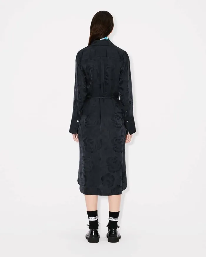 Women 039KENZO Peonies039 Midi Shirt Dress In Silk Viscose Black Kenzo Tailoring