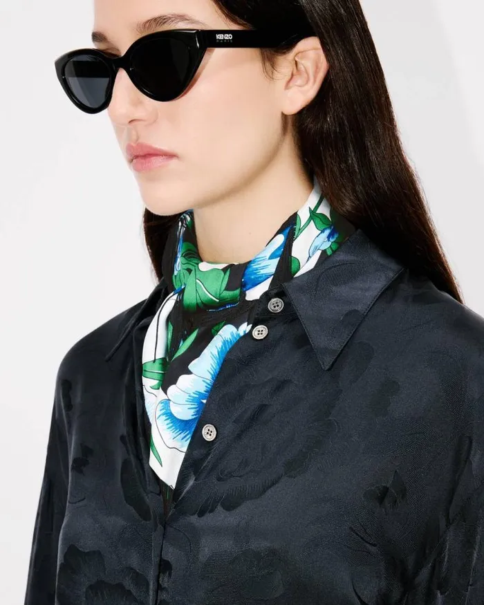 Women 039KENZO Peonies039 Midi Shirt Dress In Silk Viscose Black Kenzo Tailoring