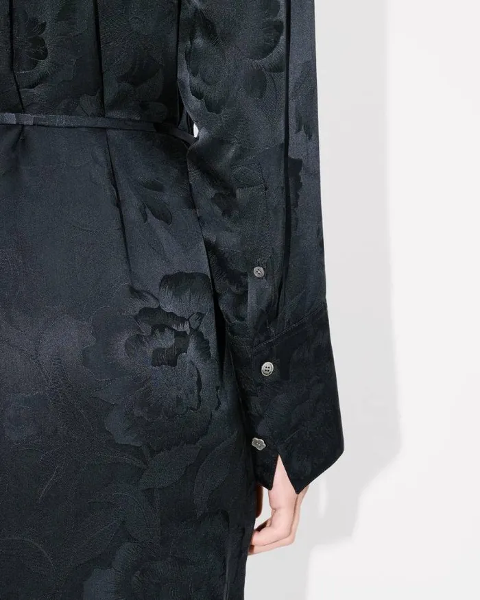 Women 039KENZO Peonies039 Midi Shirt Dress In Silk Viscose Black Kenzo Tailoring