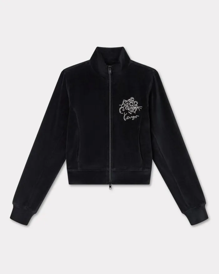 Women 039KENZO Star Tiger039 Embroidered Velvet Track Jacket Black Kenzo Sweatshirts And Hoodies Women 039KENZO Star Tiger039 Embroidered Velvet Track Jacket Black Kenzo Sweatshirts And Hoodies