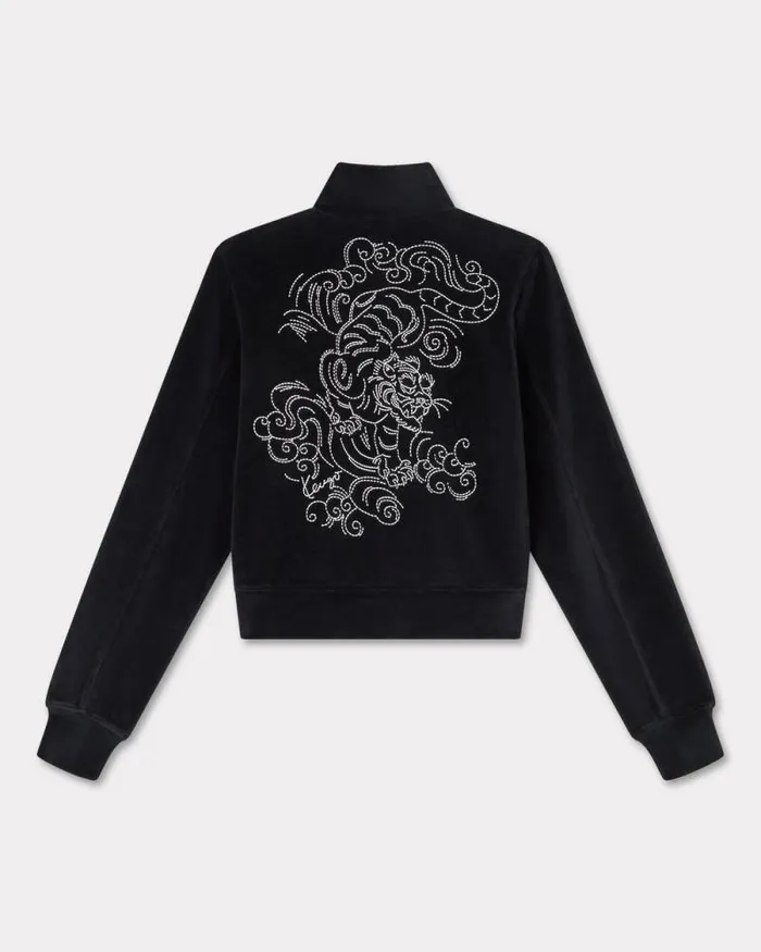 Women 039KENZO Star Tiger039 Embroidered Velvet Track Jacket Black Kenzo Sweatshirts And Hoodies