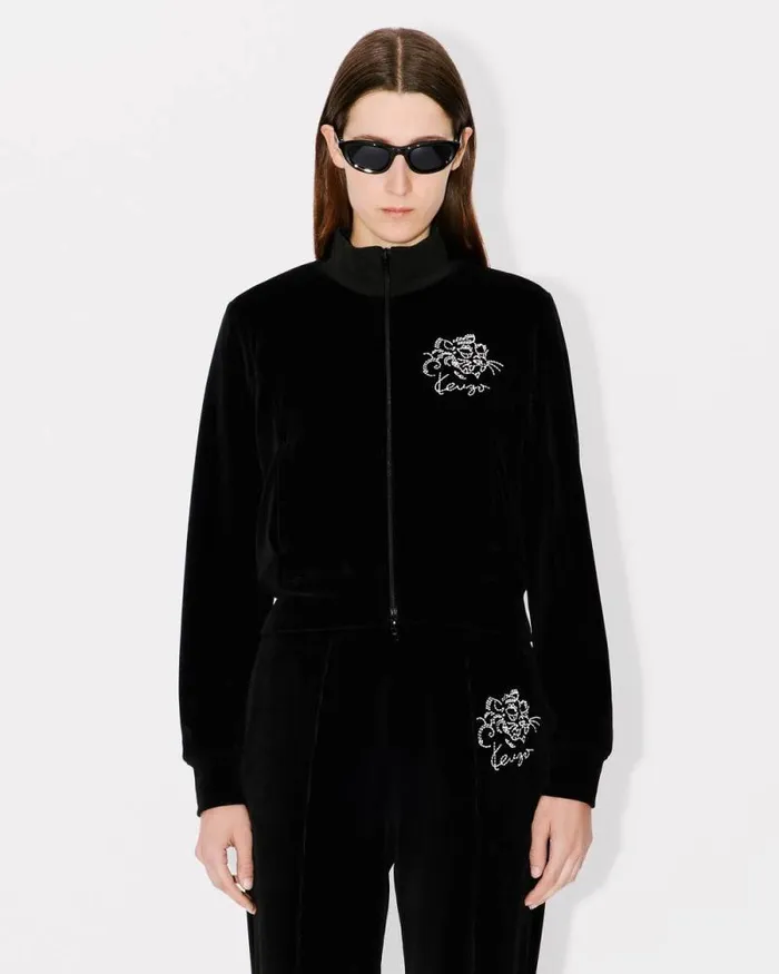 Women 039KENZO Star Tiger039 Embroidered Velvet Track Jacket Black Kenzo Sweatshirts And Hoodies