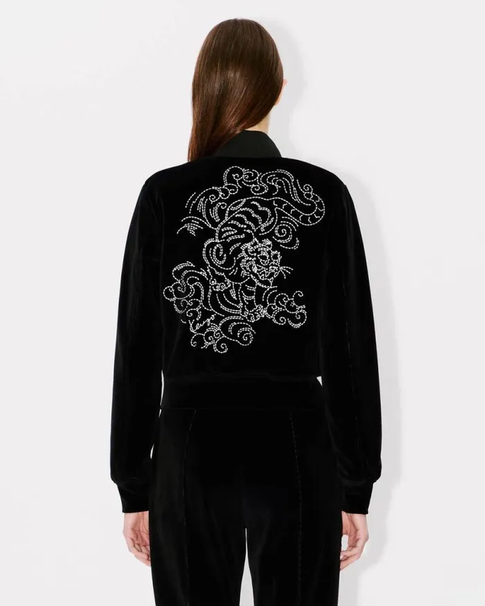 Women 039KENZO Star Tiger039 Embroidered Velvet Track Jacket Black Kenzo Sweatshirts And Hoodies