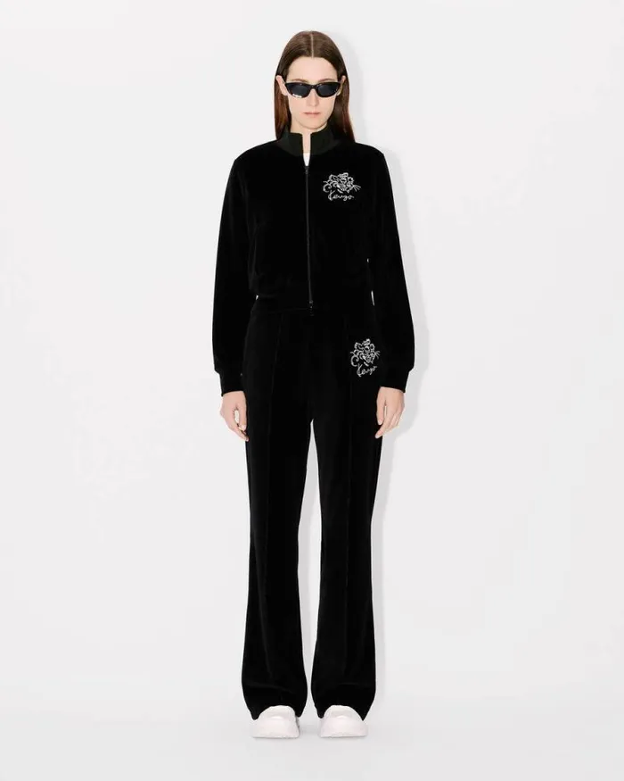 Women 039KENZO Star Tiger039 Embroidered Velvet Track Jacket Black Kenzo Sweatshirts And Hoodies