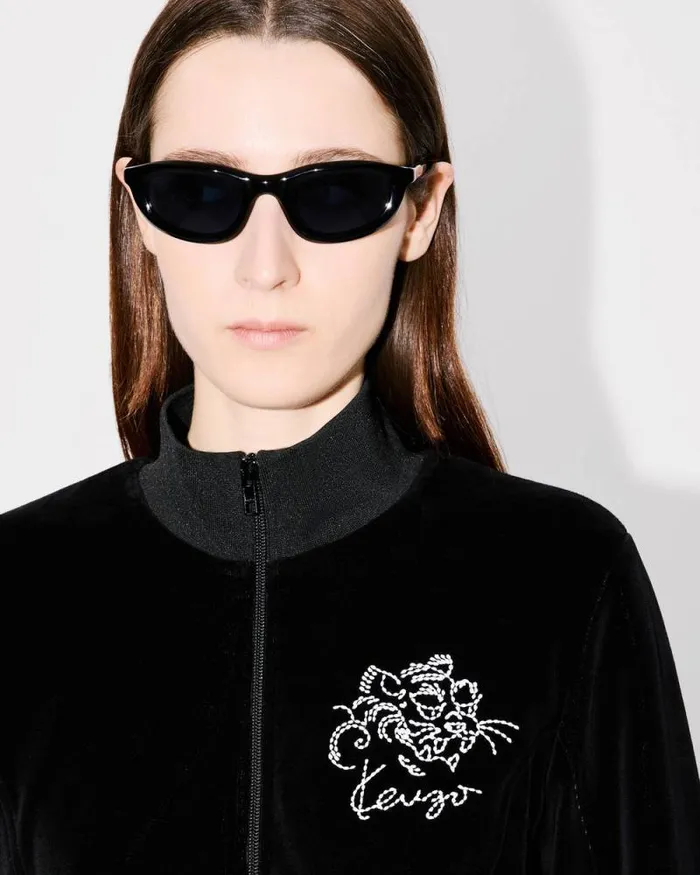 Women 039KENZO Star Tiger039 Embroidered Velvet Track Jacket Black Kenzo Sweatshirts And Hoodies