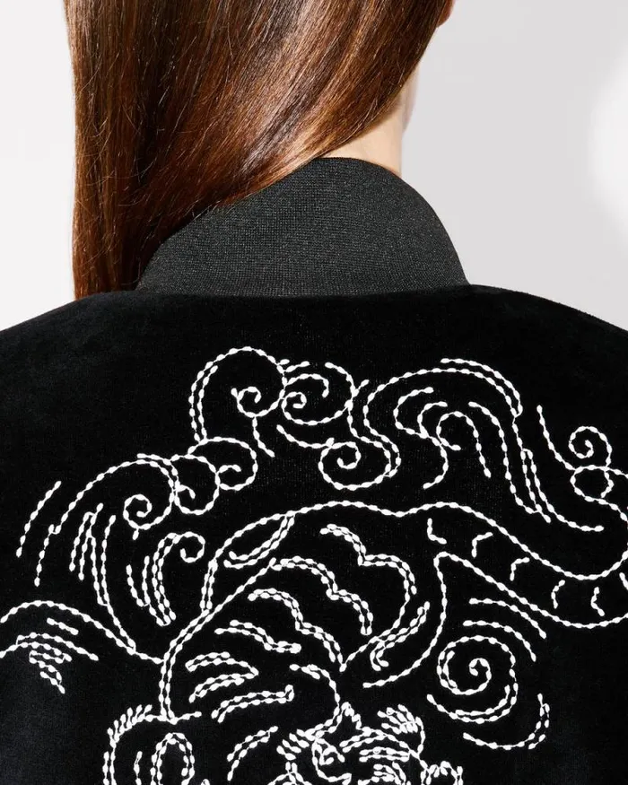 Women 039KENZO Star Tiger039 Embroidered Velvet Track Jacket Black Kenzo Sweatshirts And Hoodies
