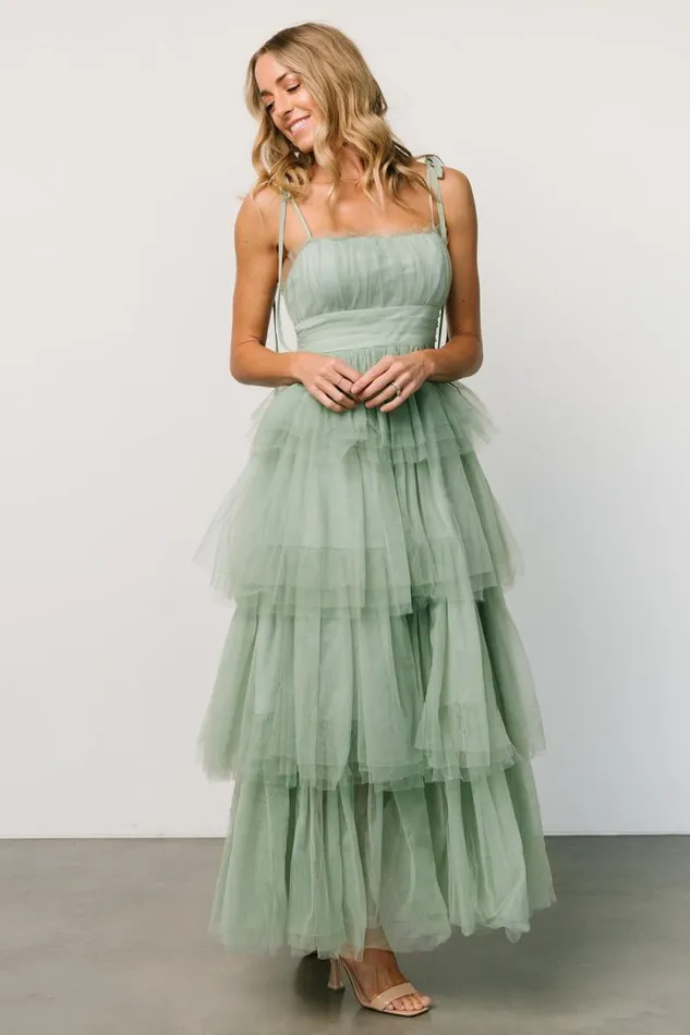 Women Alora Tulle Tiered Maxi Dress Sage Green Baltic Born Tulle Styles